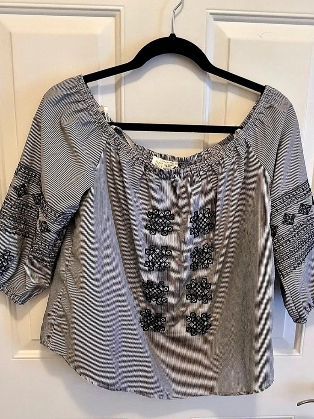 Under the Canopy Striped Embroidered Blouse in Gray & White
